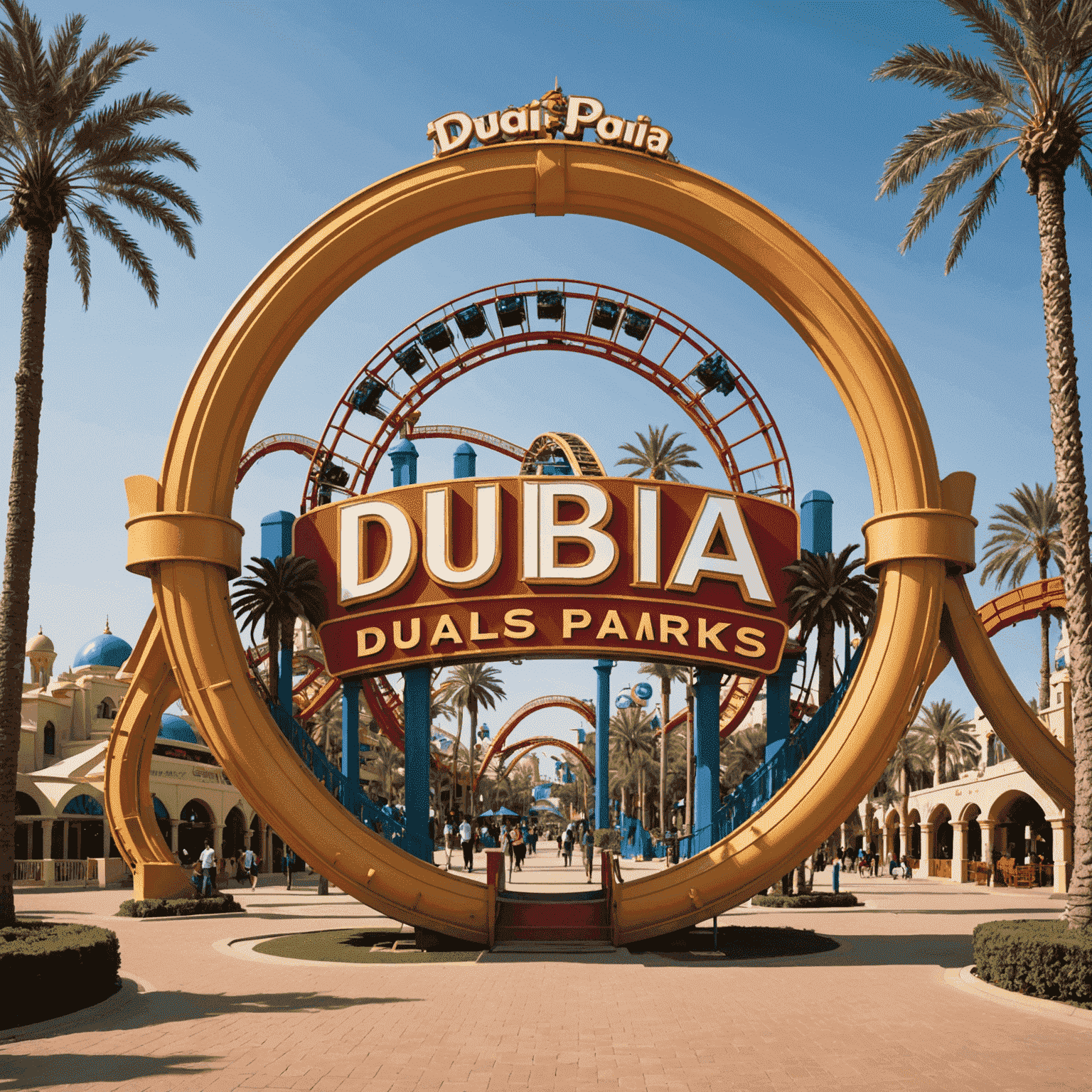 Dubai Theme Parks logo featuring stylized roller coaster and palm tree silhouettes