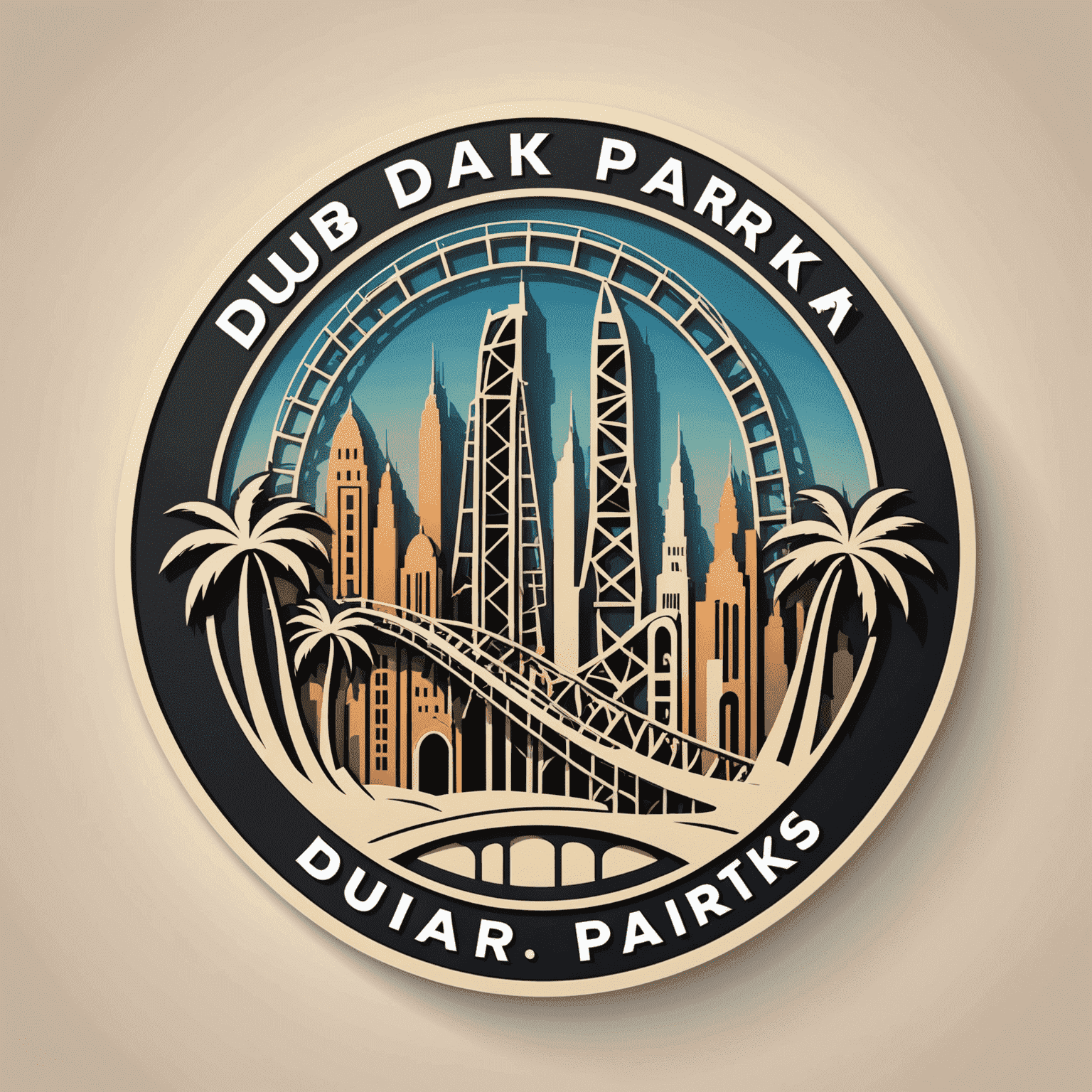 Dubai Theme Parks logo featuring stylized roller coaster and palm tree silhouettes
