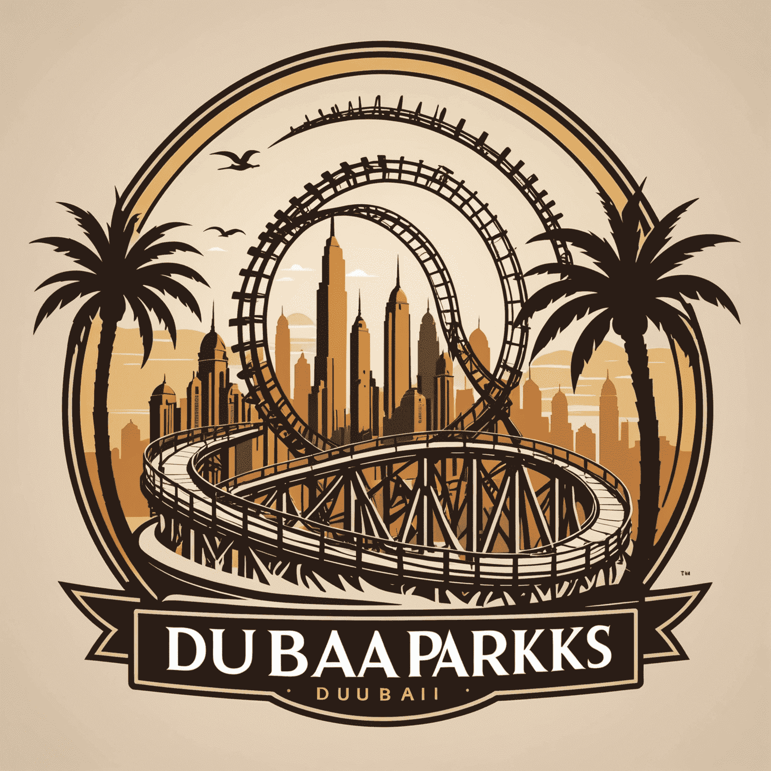 Dubai Theme Parks logo featuring stylized roller coaster and palm tree silhouettes