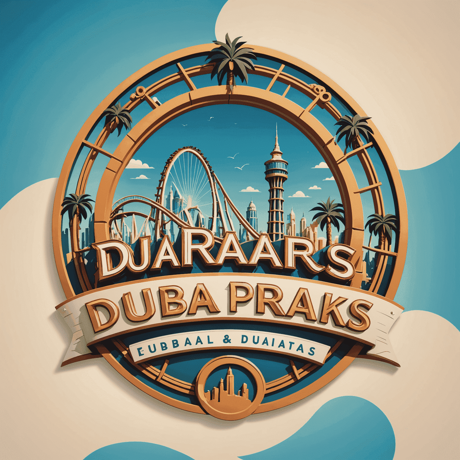 Dubai Theme Parks logo featuring stylized roller coaster and palm tree silhouettes