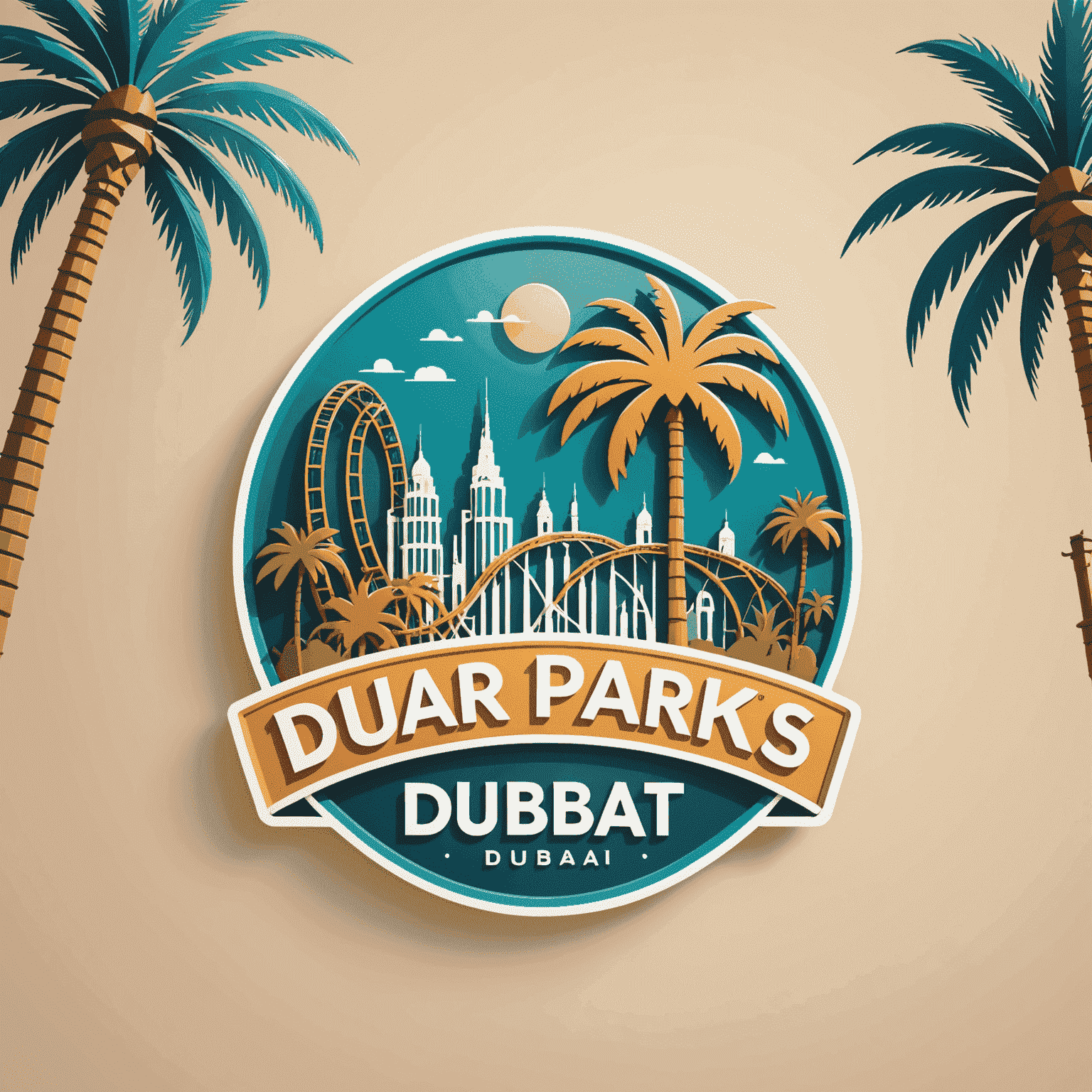 Dubai Theme Parks logo featuring stylized roller coaster and palm tree silhouettes