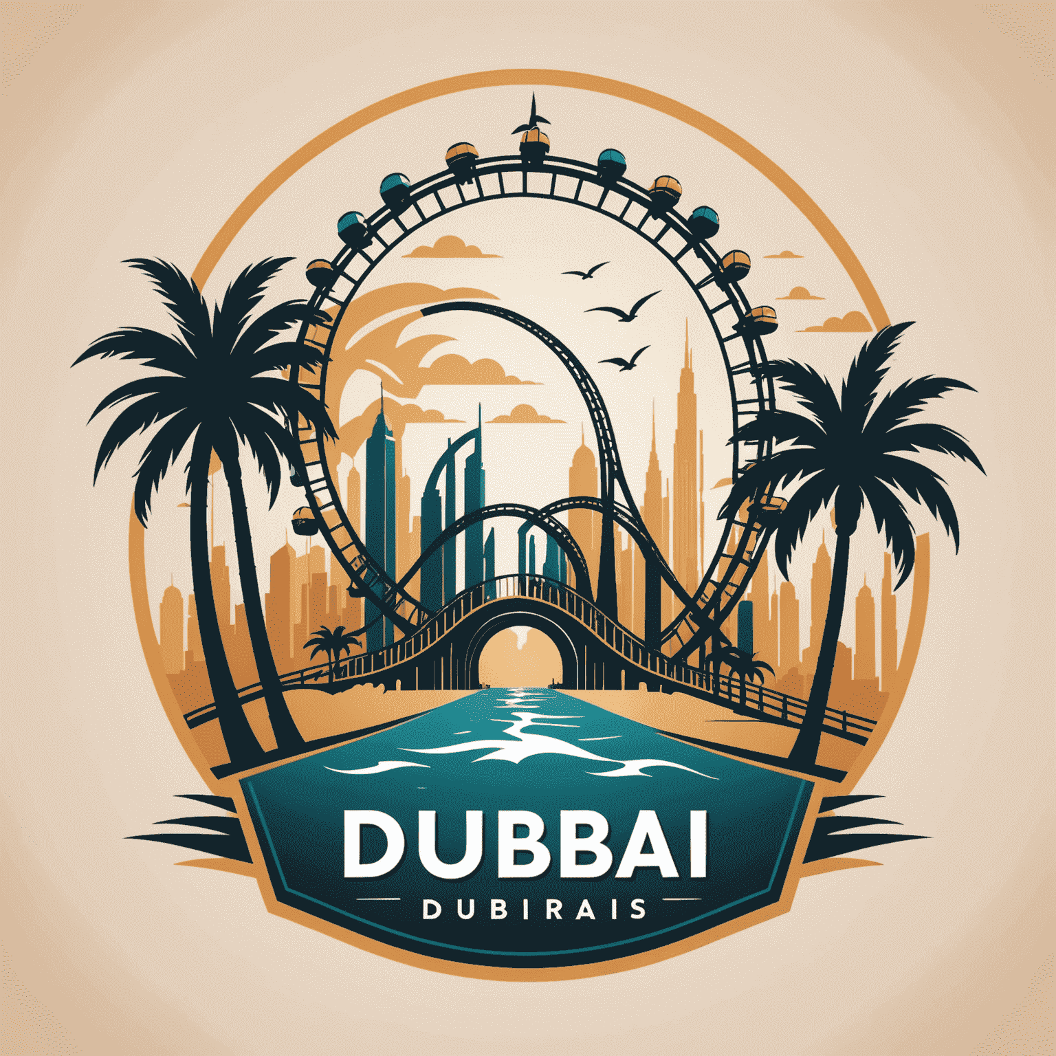 Dubai Theme Parks logo featuring stylized roller coaster and palm tree silhouettes