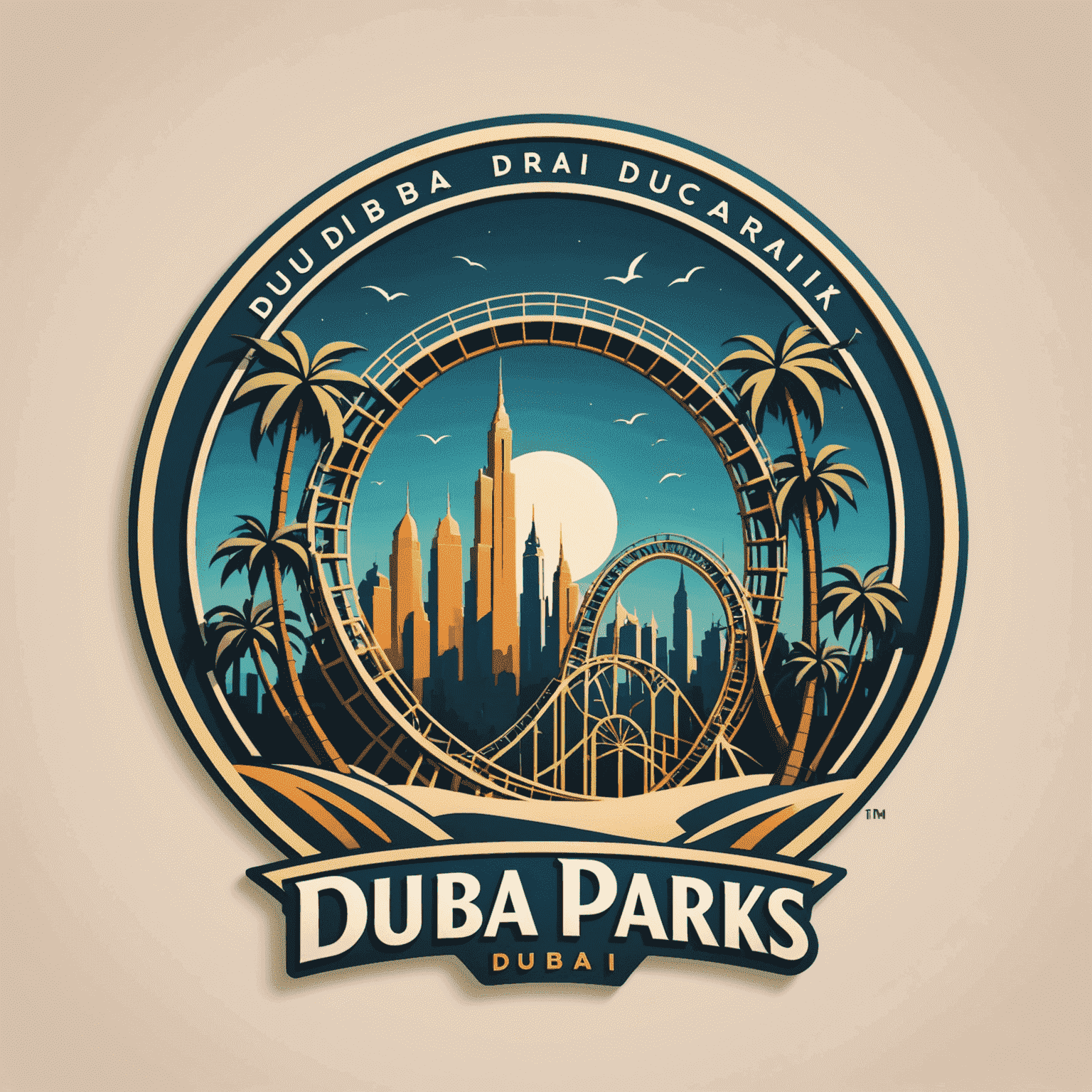 Dubai Theme Parks logo featuring stylized roller coaster and palm tree silhouettes