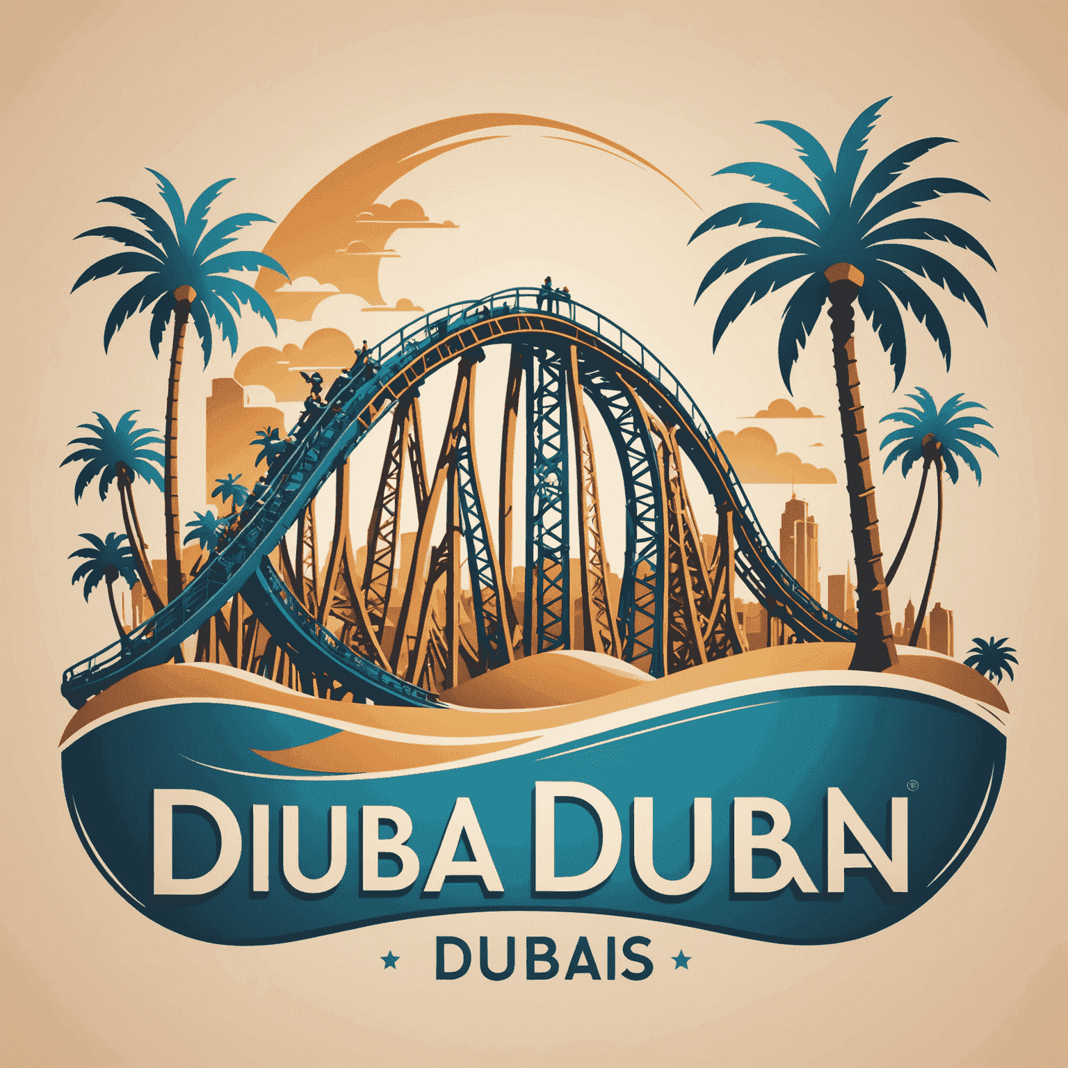 Dubai Theme Parks logo featuring stylized roller coaster and palm tree silhouettes