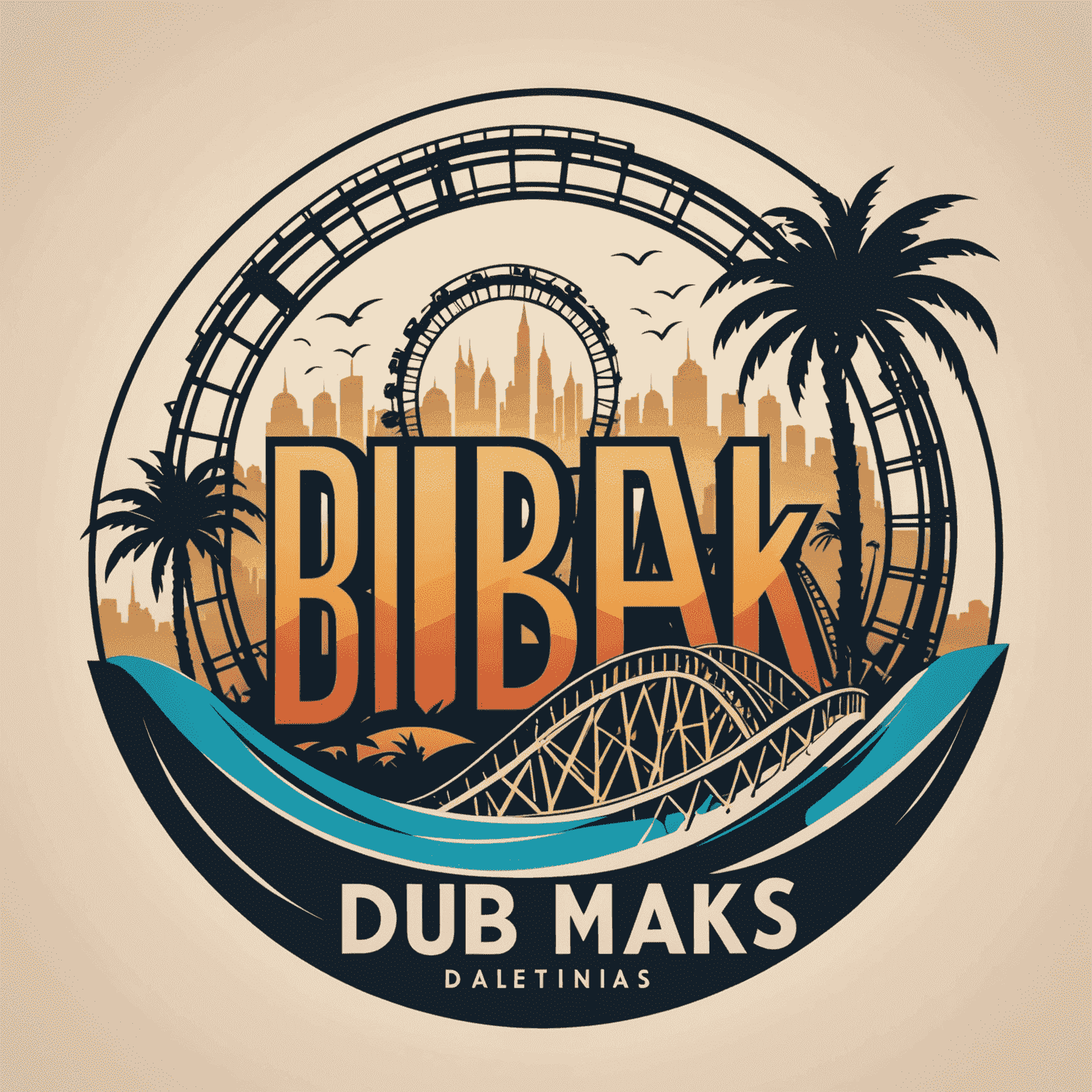 Dubai Theme Parks logo featuring stylized roller coaster and palm tree silhouettes