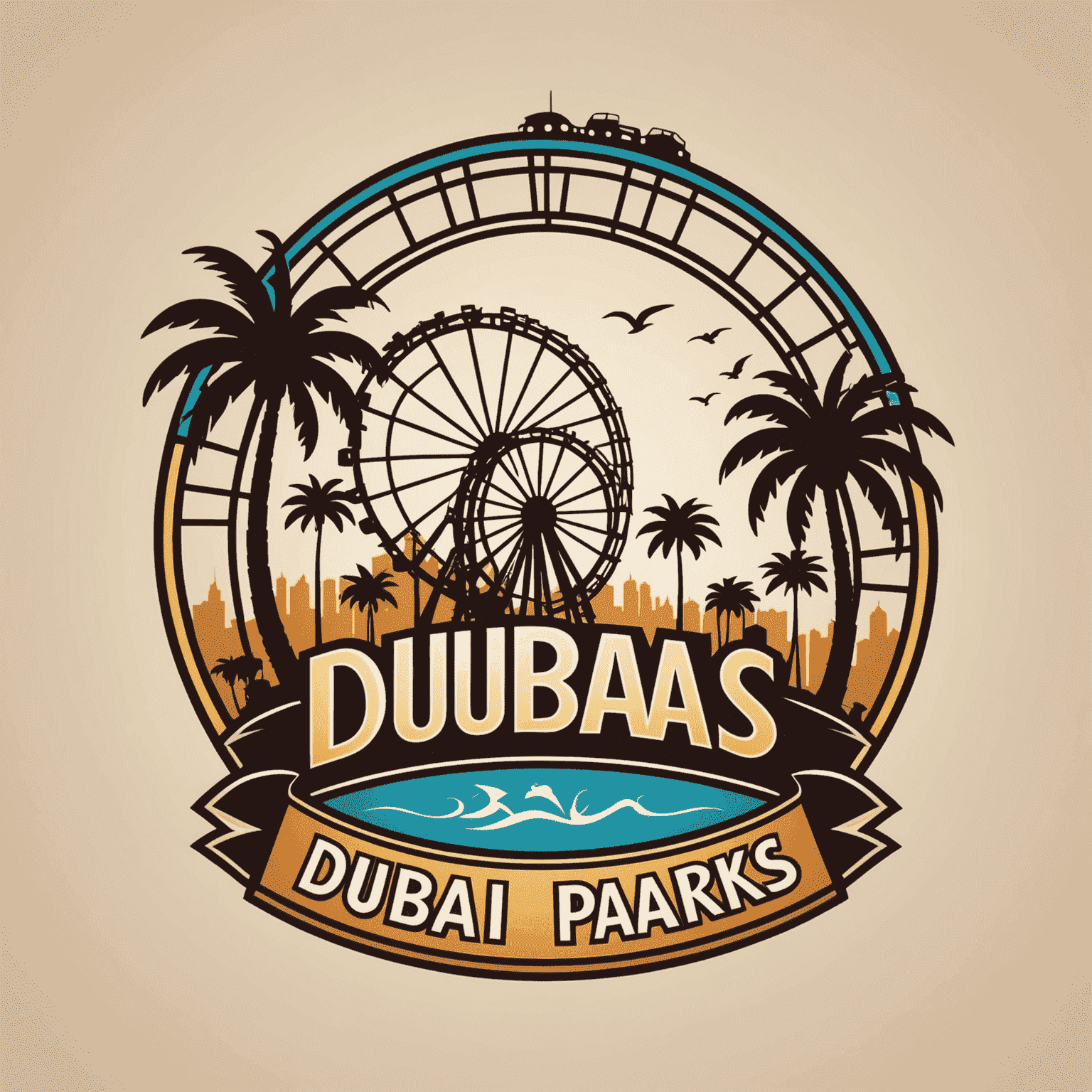 Dubai Theme Parks logo featuring stylized roller coaster and palm tree silhouettes