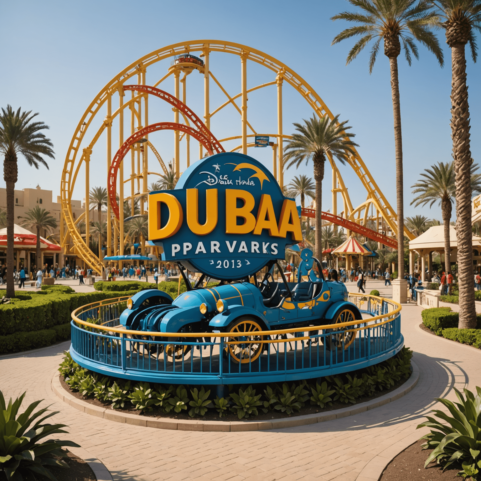 Dubai Theme Parks logo featuring stylized roller coaster and palm tree silhouettes