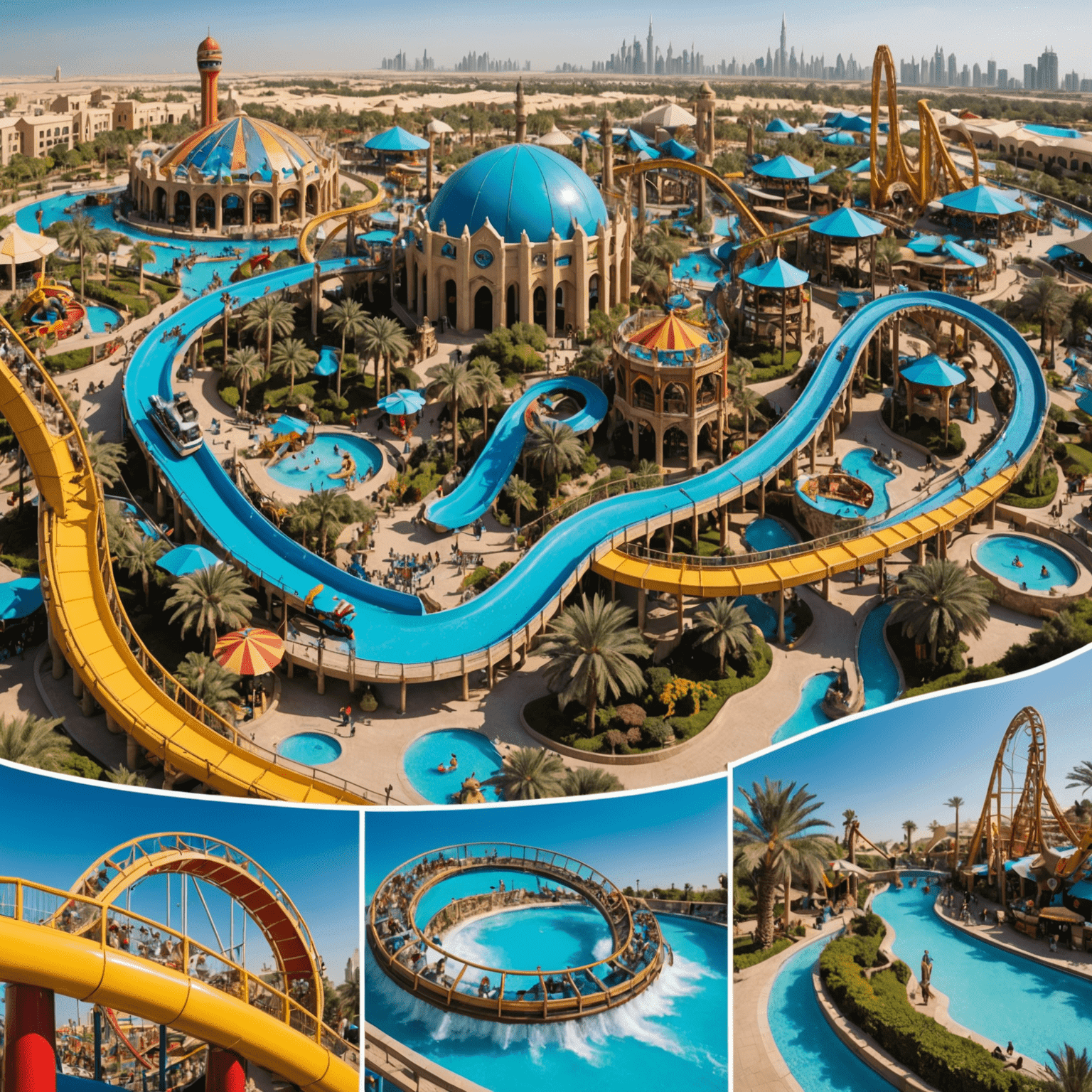 A collage of exciting Dubai theme park attractions, featuring a roller coaster, water slide, and zoo animals. The image showcases the variety and thrill of experiences available at Dubai's theme parks.