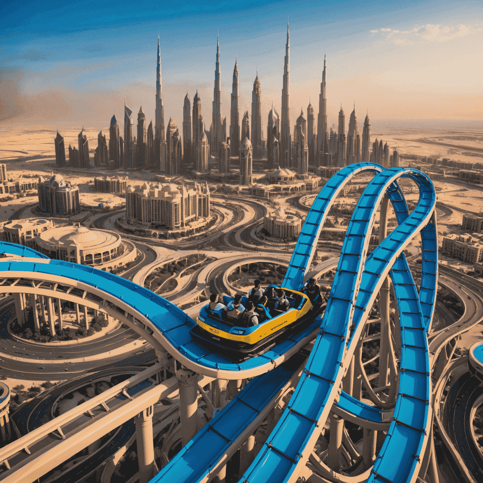 A thrilling new roller coaster with multiple loops and twists, set against the backdrop of Dubai's skyline. The coaster features a sleek, futuristic design with vibrant colors that stand out in the desert landscape.