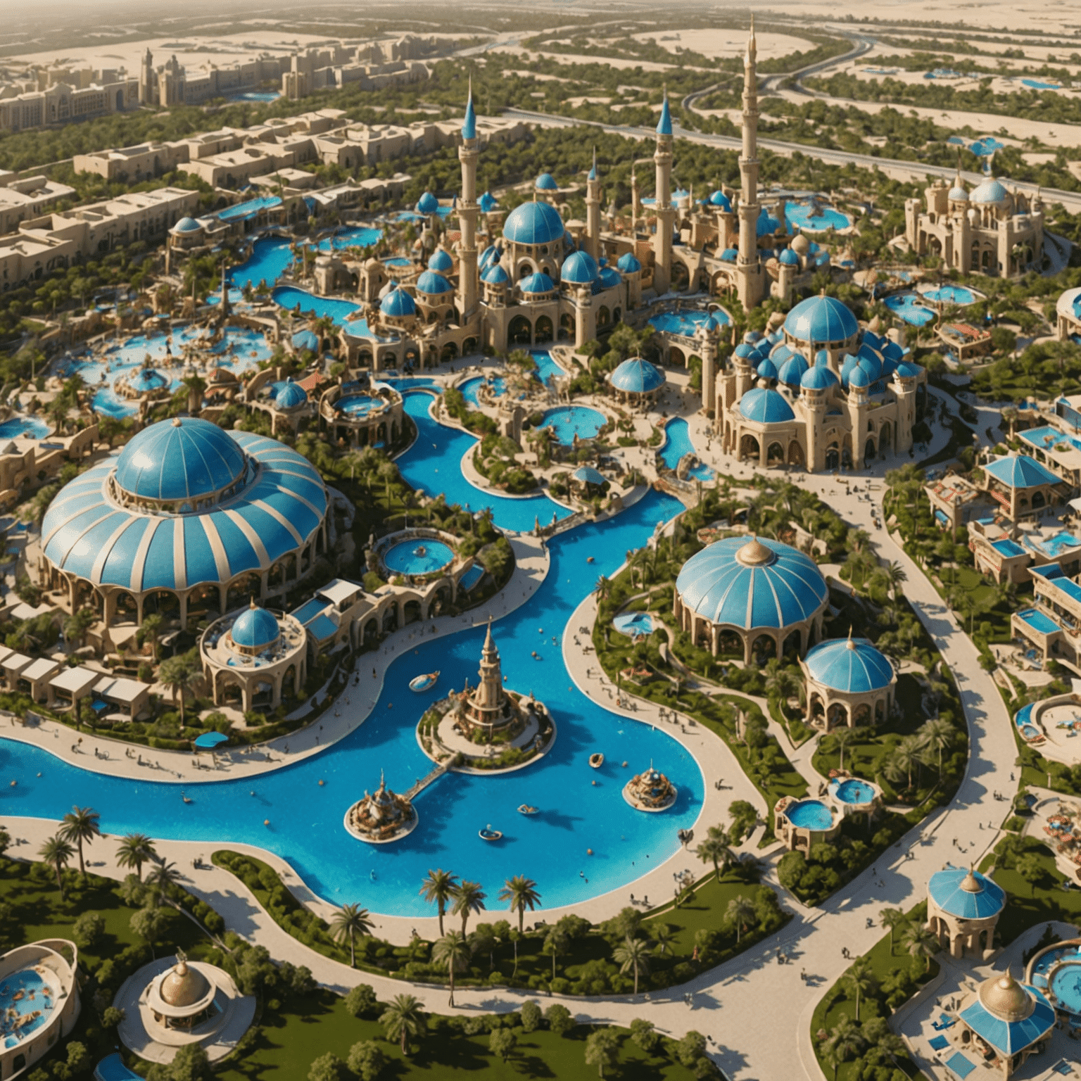 Aerial view of Dubai Theme Parks with new expansion areas highlighted, showing planned attractions and increased capacity zones