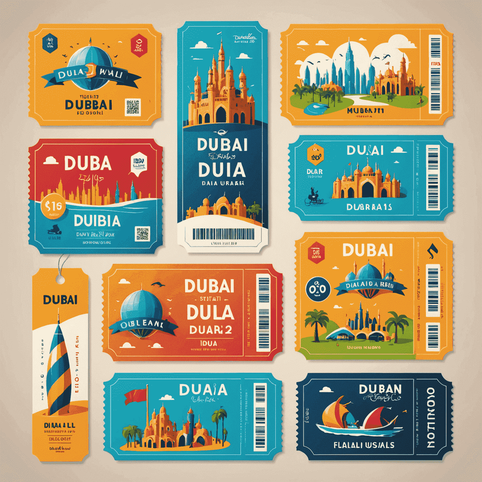 Colorful tickets for Dubai theme parks with various ride icons and price tags