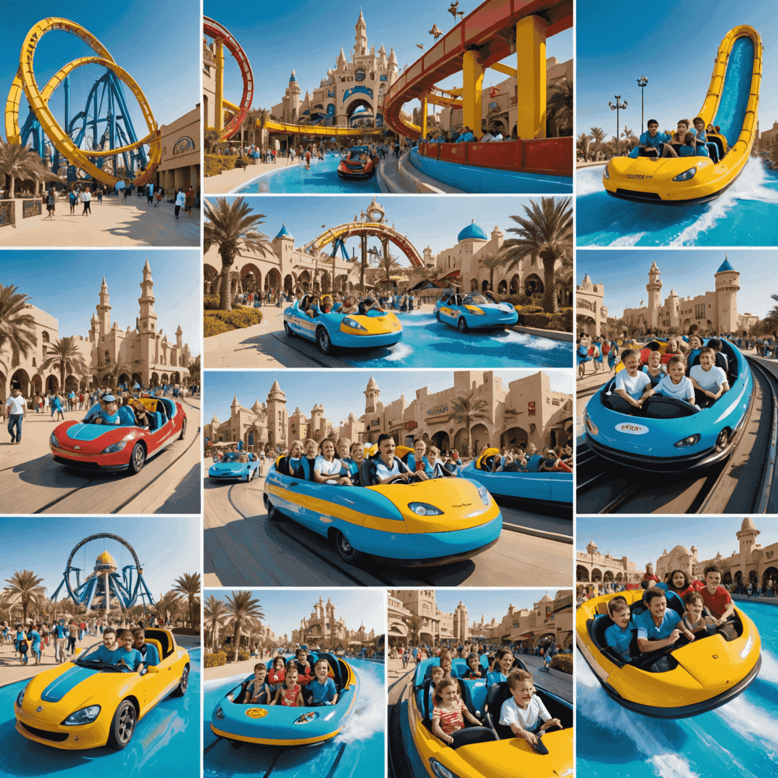 Collage of happy families and thrill-seekers enjoying various rides and attractions at Dubai theme parks, showcasing roller coasters, water slides, and character meet-and-greets