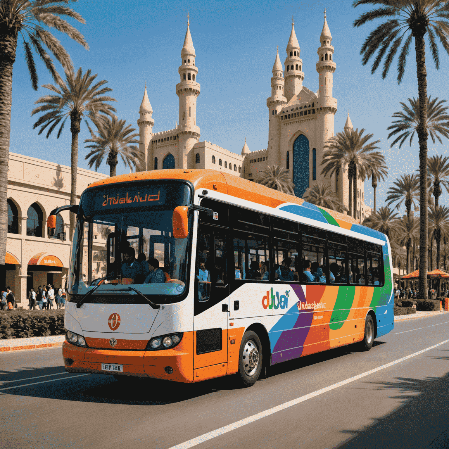A modern, colorful shuttle bus with Dubai Theme Parks logo, driving through a palm-lined street with theme park attractions visible in the background