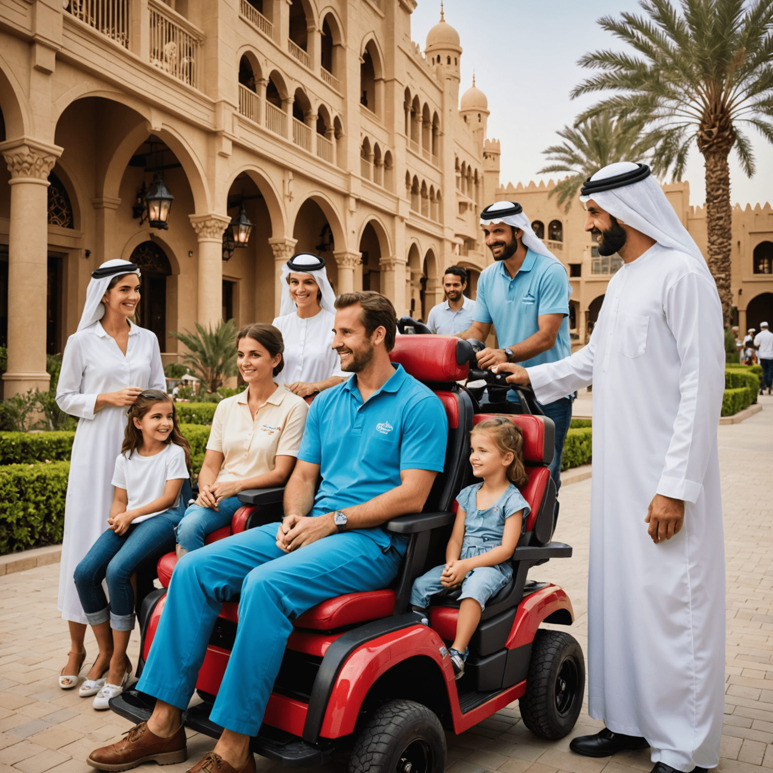 A group of people enjoying VIP treatment at a Dubai theme park, with a guide showing them around and providing exclusive access to attractions