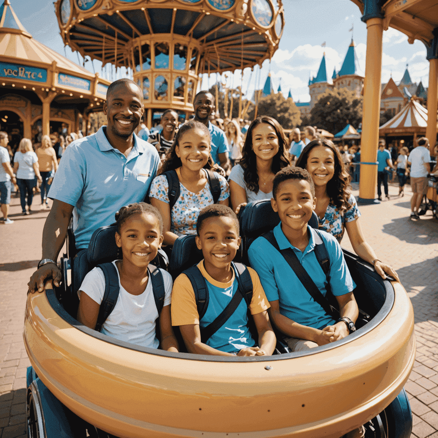 A diverse group of visitors, including those with special needs, enjoying a theme park ride with accessibility features