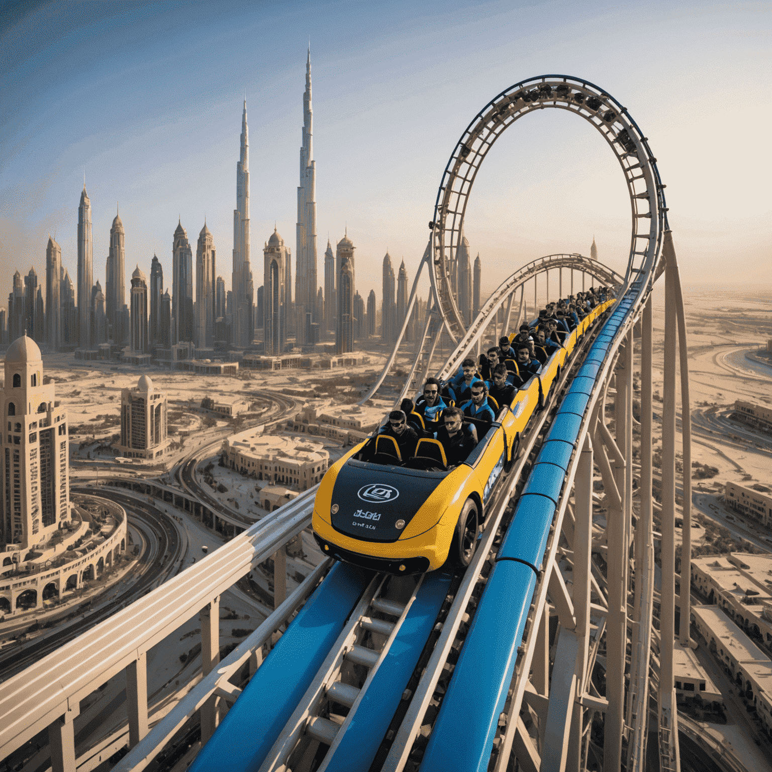 A thrilling new roller coaster with steep drops and loops, set against the Dubai skyline