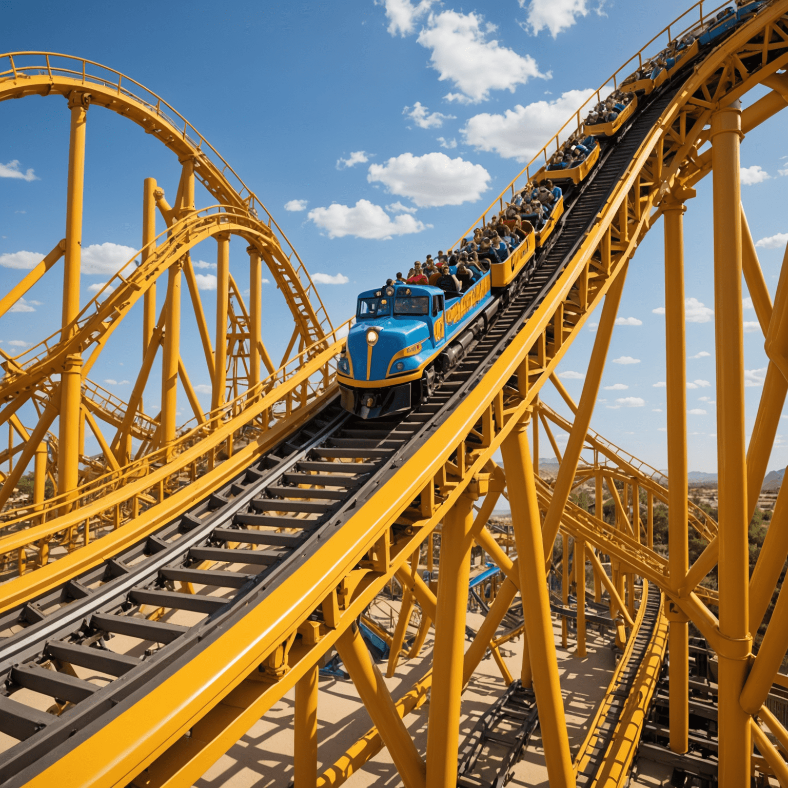 Close-up view of the roller coaster's intricate track system and support structure, showcasing its engineering marvel. The coaster's vibrant colors contrast beautifully with the golden desert sands.