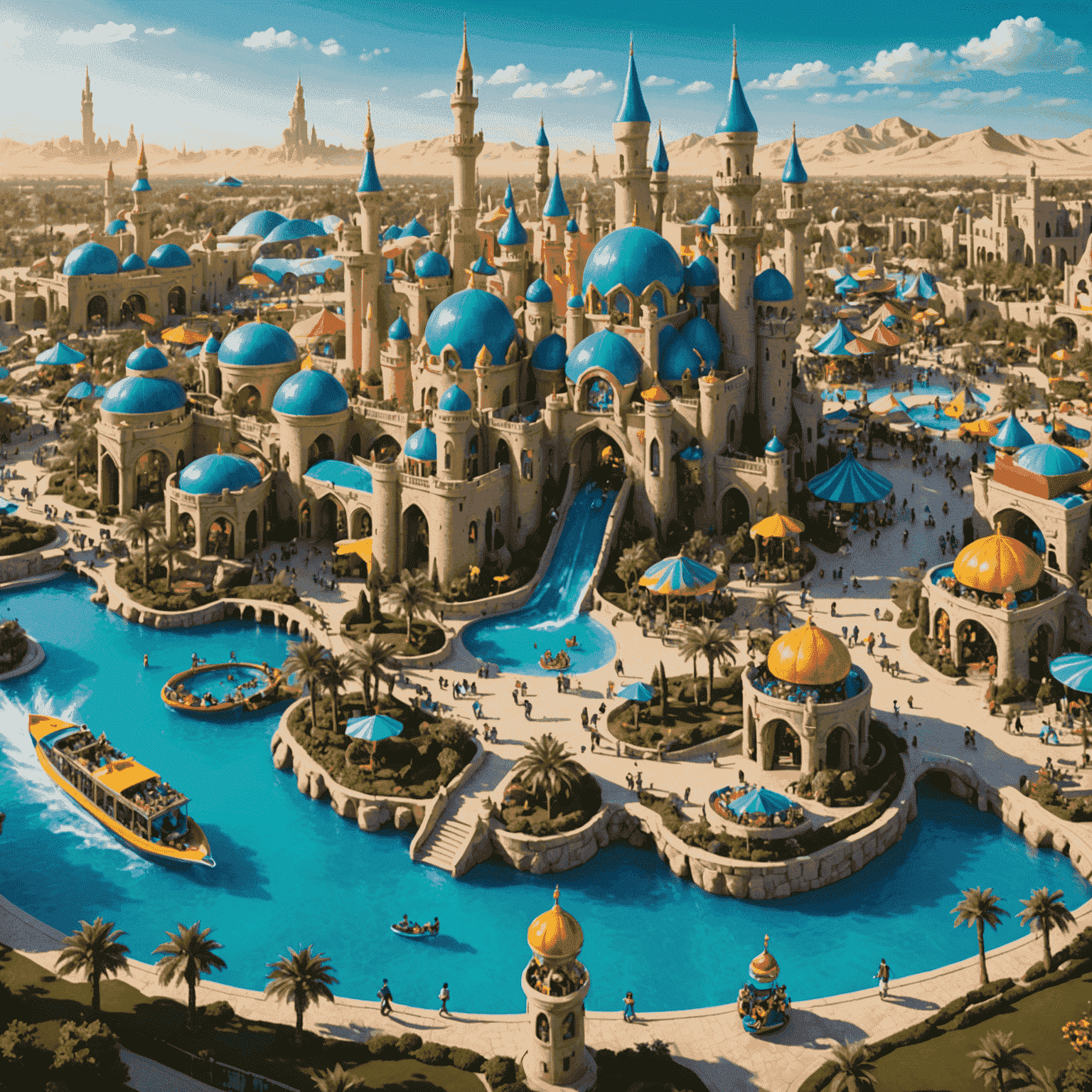 Concept art of the new themed land in Dubai Theme Parks, showcasing vibrant colors, animated character statues, and families enjoying the attractions