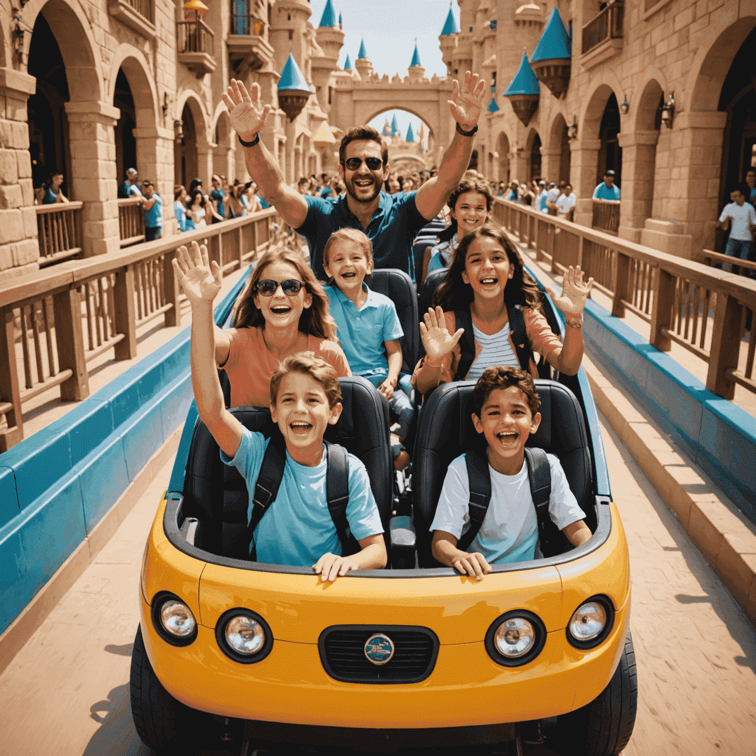 The celebrity enjoying a thrilling ride at Dubai Theme Parks, hands raised and laughing alongside other park guests