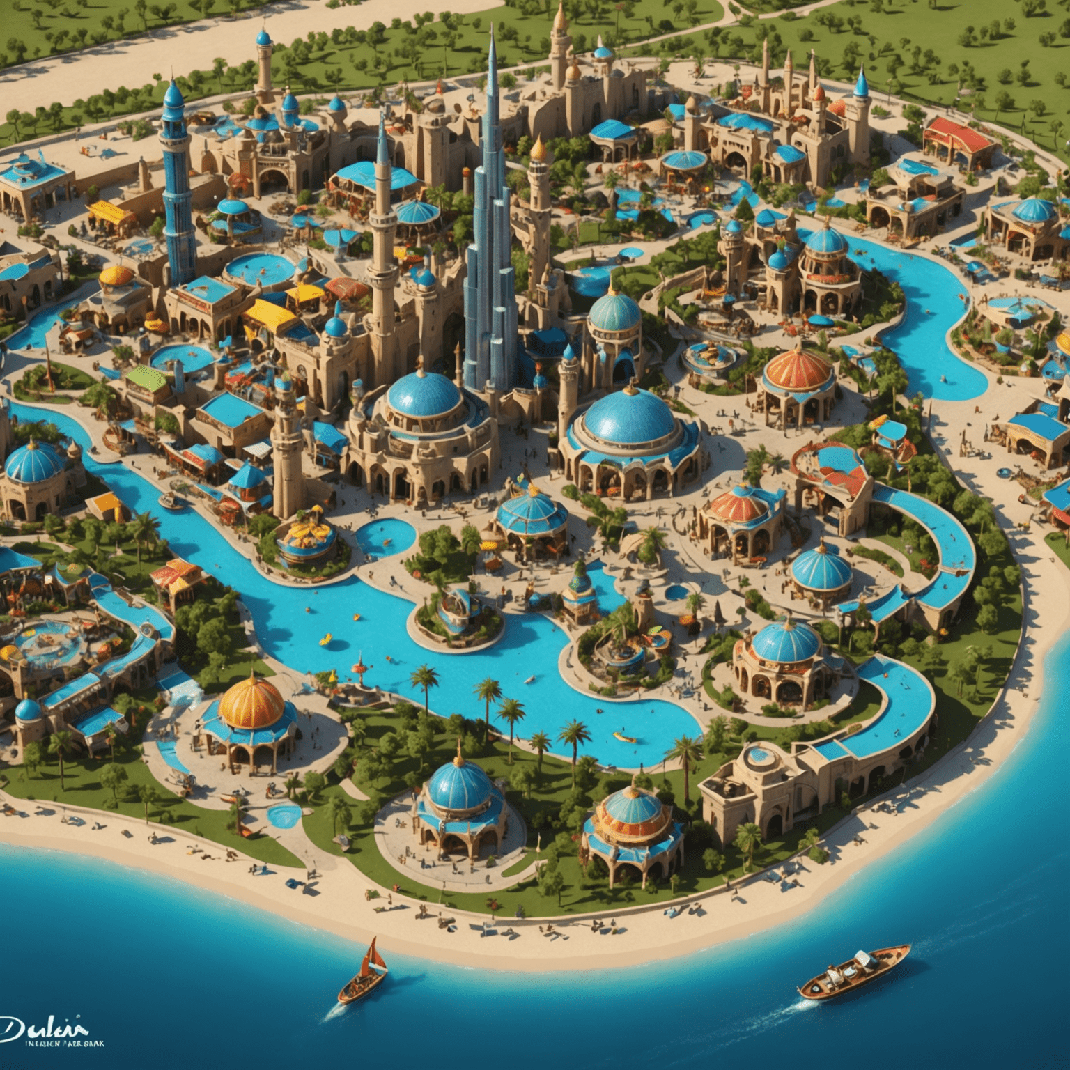 Interactive 3D map of Dubai theme park with highlighted attractions and facilities