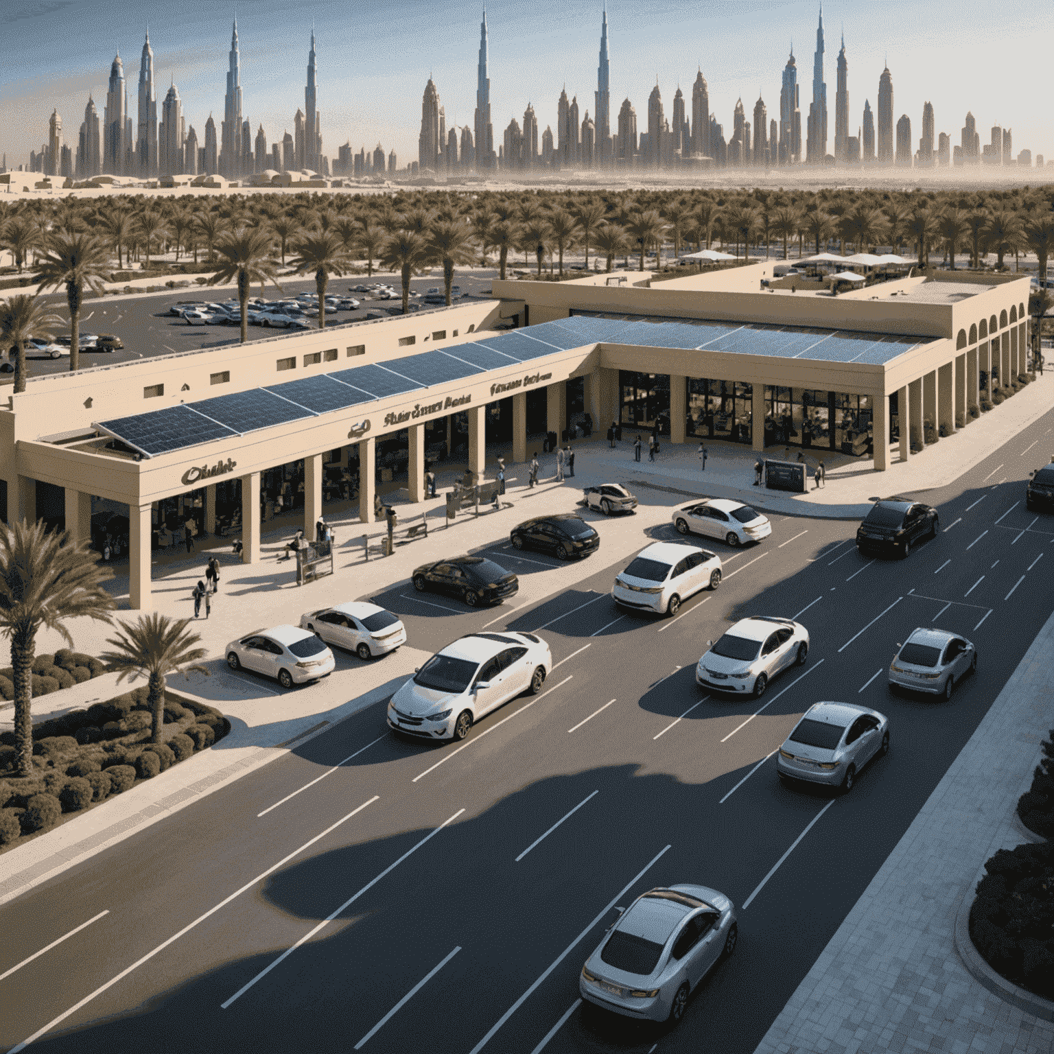 A large, well-organized parking lot with clear signage, shaded areas, and electric vehicle charging stations, set against the backdrop of Dubai theme park entrance