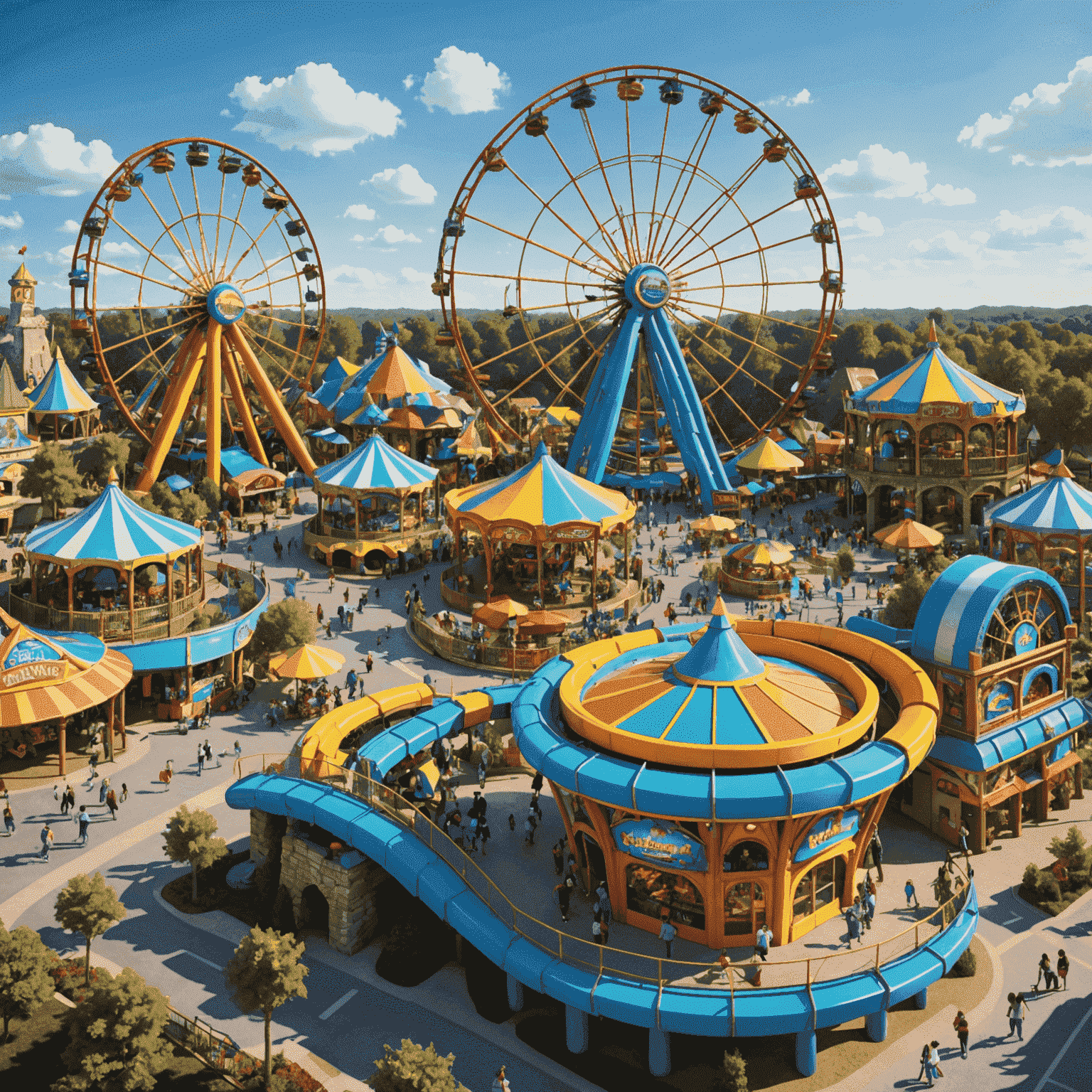 An architectural rendering of new theme park attractions, including colorful rides and themed areas