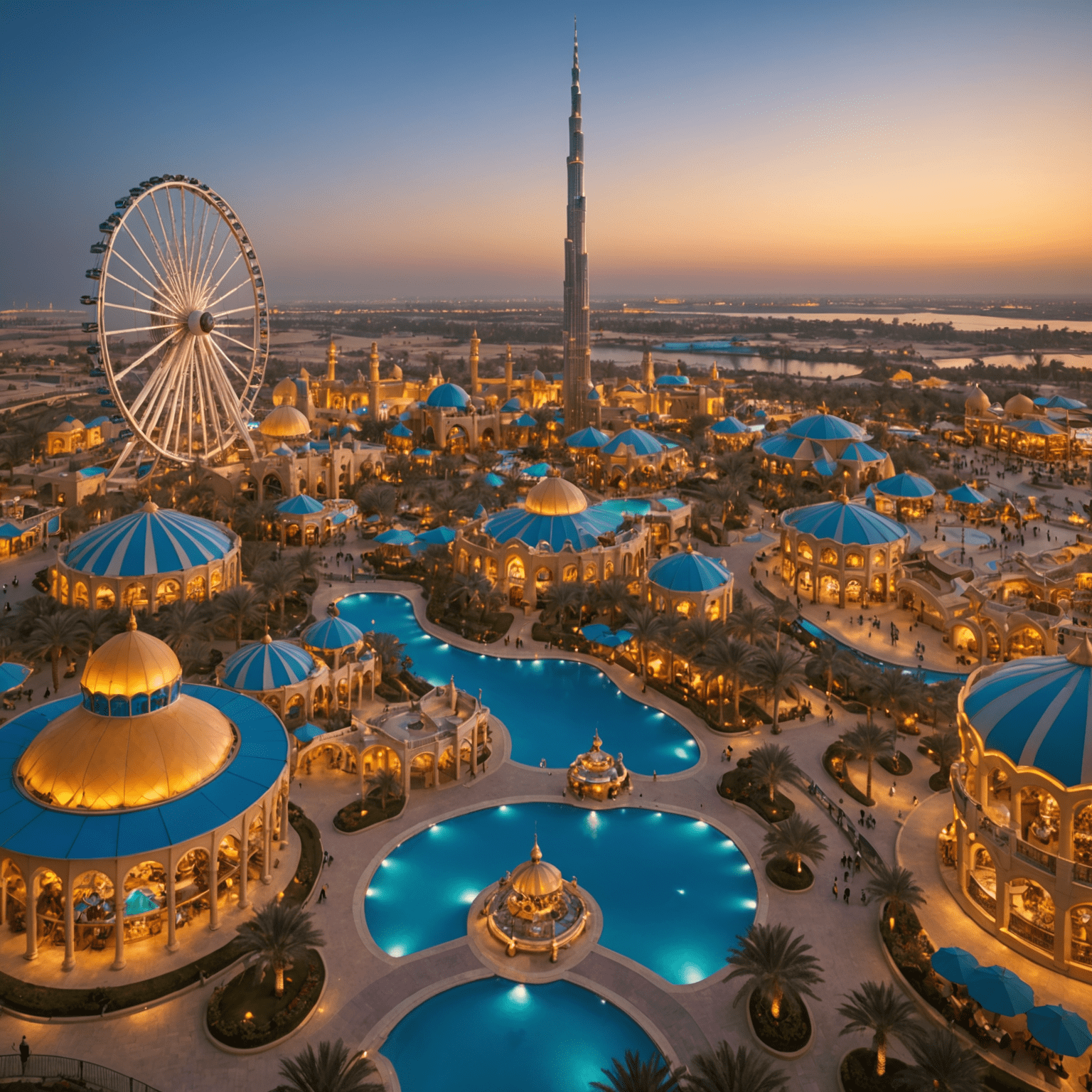 A panoramic view of Dubai Theme Parks at sunset, showcasing its diverse attractions and the celebrity's visit creating a festive atmosphere