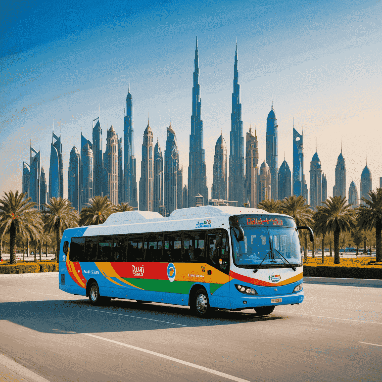 Colorful shuttle bus with Dubai theme park logo and skyline in the background