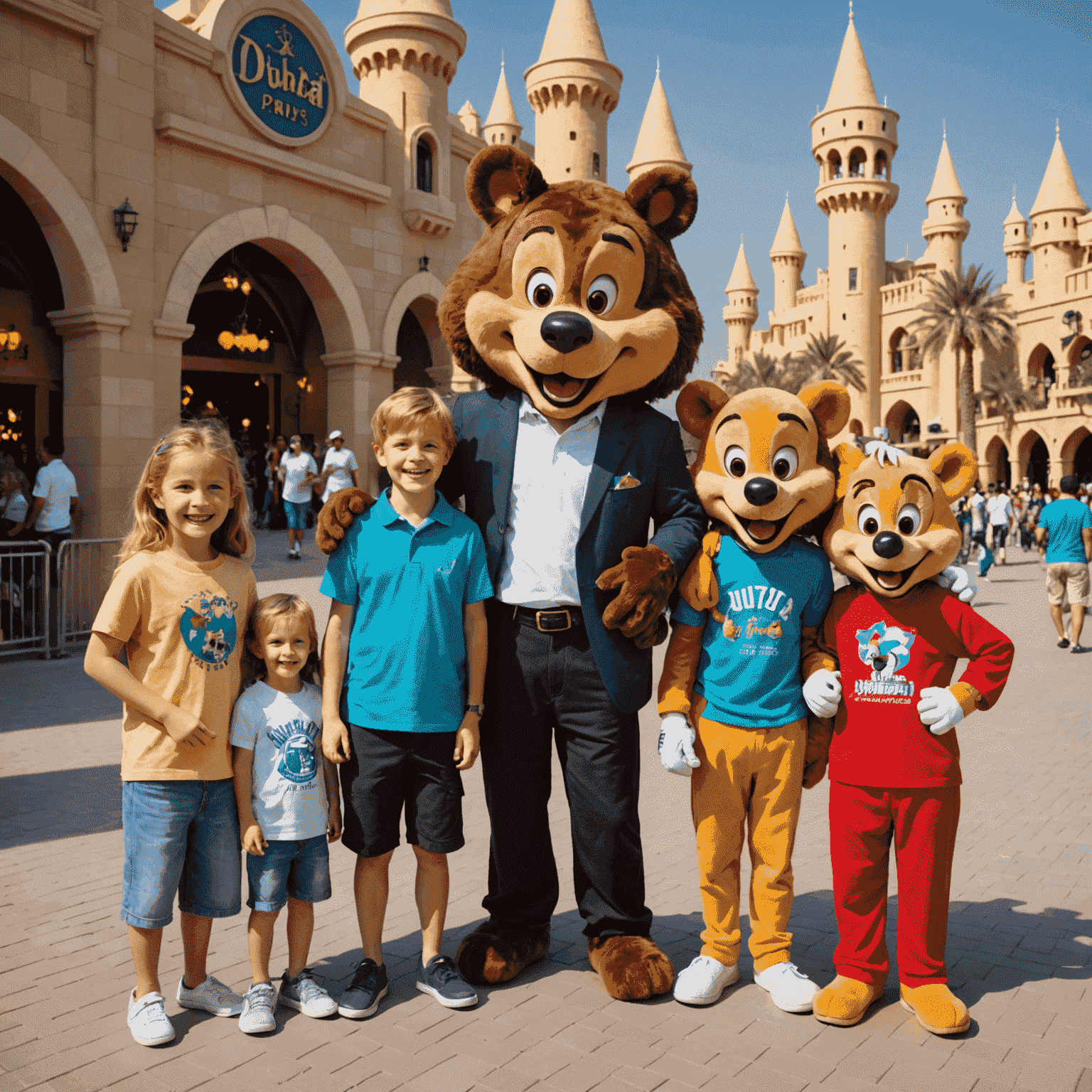 A famous Hollywood celebrity posing with excited fans and mascots at Dubai Theme Parks