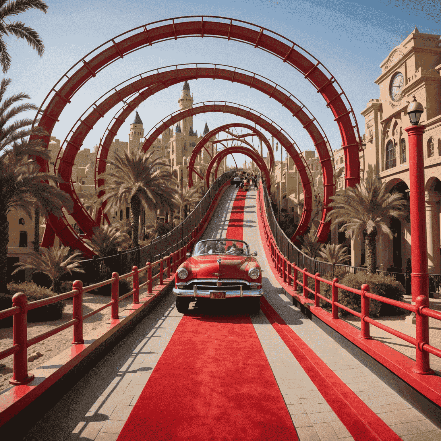 VIP red carpet leading to a thrilling roller coaster in a Dubai theme park