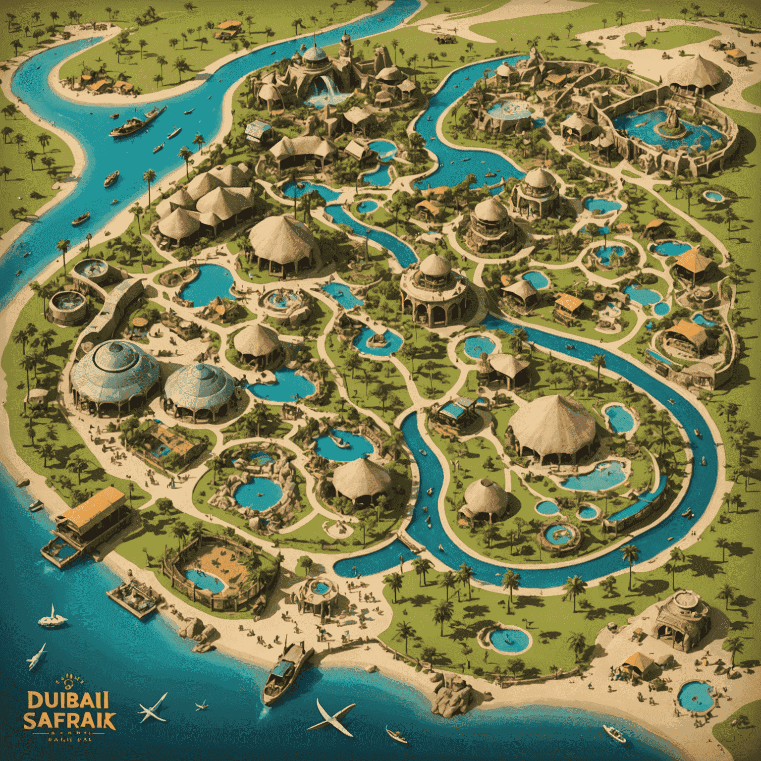 Detailed map of Dubai Safari Park with various animal habitats and visitor paths