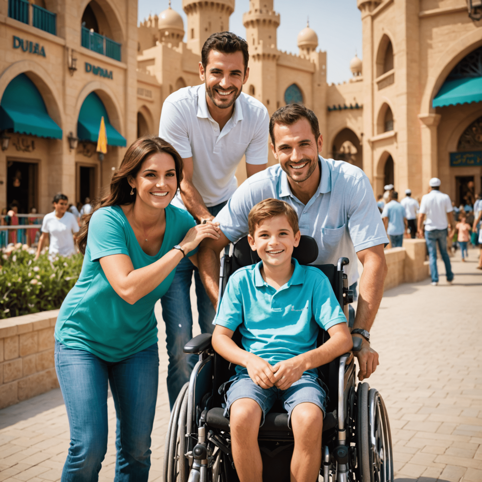 Smiling family with a child in a wheelchair enjoying a Dubai theme park attraction